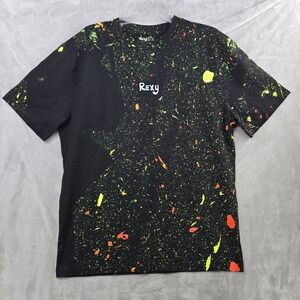 Rexy Paint Splatter T Shirt Mens‎ XL Black Neon Green Orange Graphic Tee